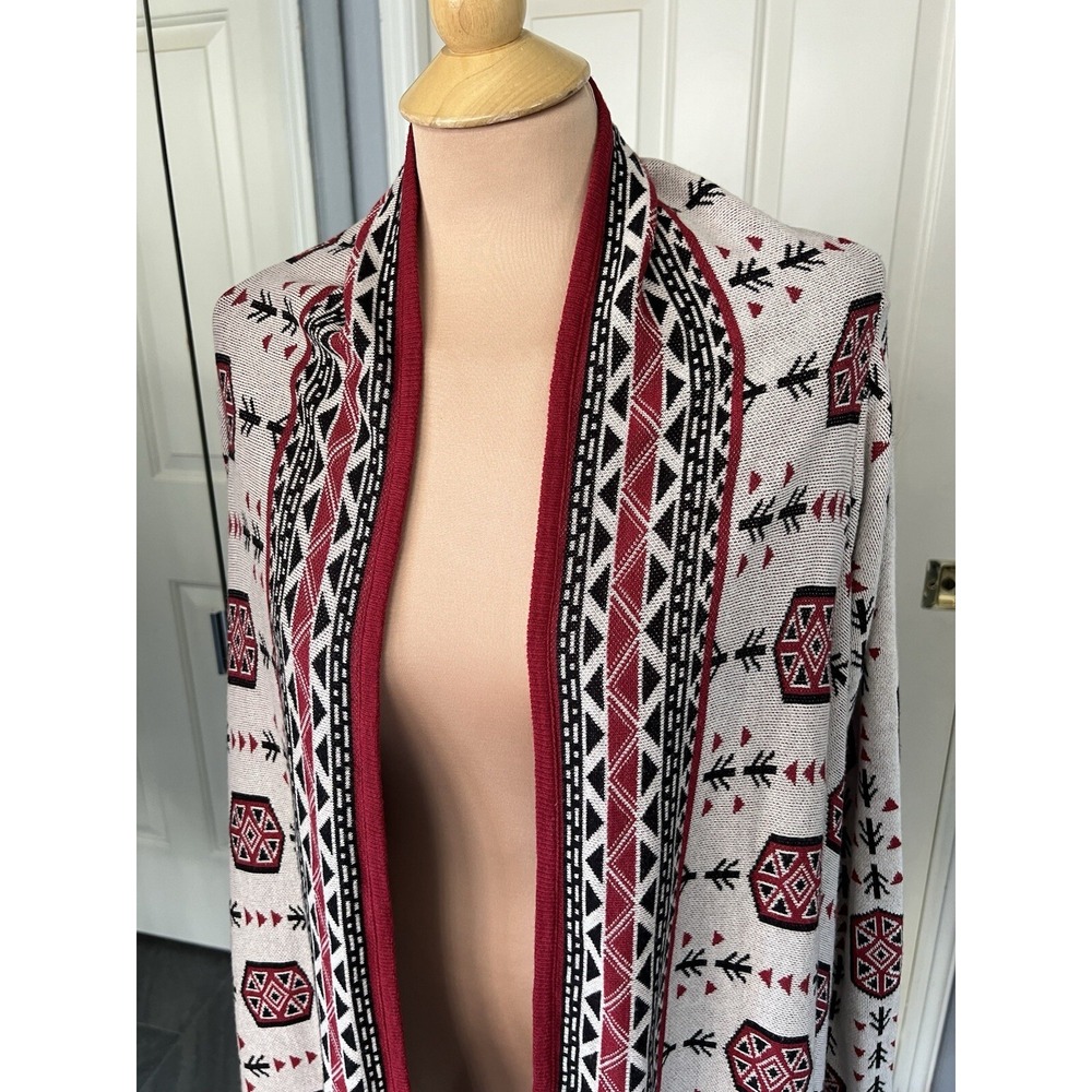 H&M Divided Cascading Cardigan Women's Tan/Red Aztec Tribal Print‎ Size Small - Picture 2 of 7